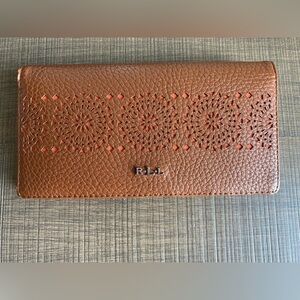 Lauren Ralph Lauren Leather Slim Snapped-Closure Wallet Tan Floral Cut Out